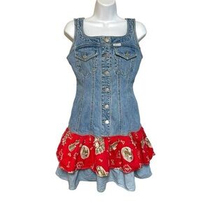 Vintage 90s Guess 1 Western denim dress mini cowgirl ruffle skirt Americana USA
